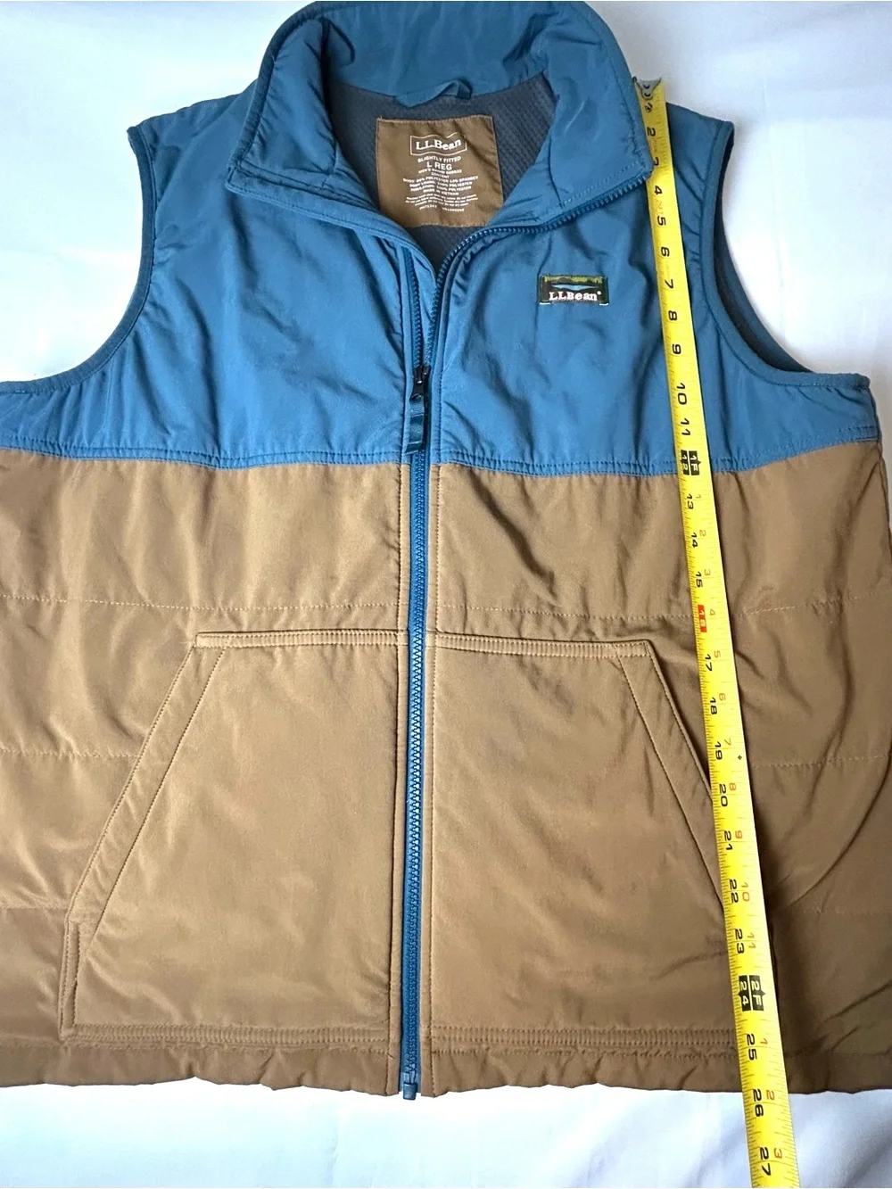 LL Bean Primaloft Vest Mens XL Blue Brown Slightly Fitted Insulated Full Zip